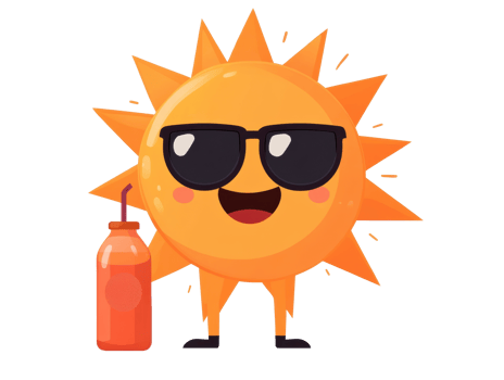 Happy sun character with sunglasses and drink for summer fun png
