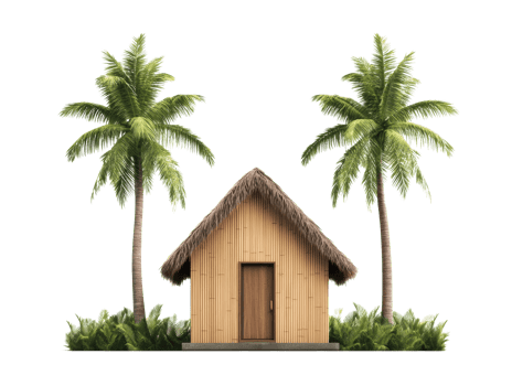 Tropical beach house amid palm trees for a relaxing getaway png