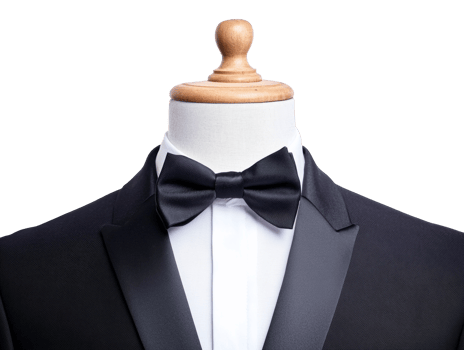 Elegant black tuxedo with bow tie on dress form for formal occasions png