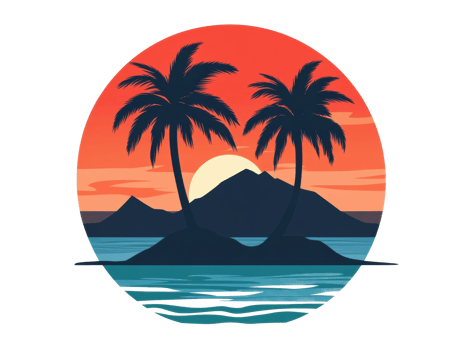Tropical sunset with palm trees and mountains in the background png