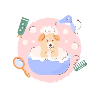 Pet care, dog grooming. A cute dog bathes in a bubble bath, a set of accessories for pet care, a hair dryer, a cream, a mirror, a brush. Cosmetic products for animals, for branding, banners, postcards vector