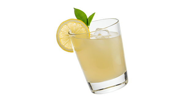 glass of lemonade . Simple glass of refreshing lemonade drink with lemon slice and a leaf isolated. Lemonade drink in glass as refreshment during summer time png