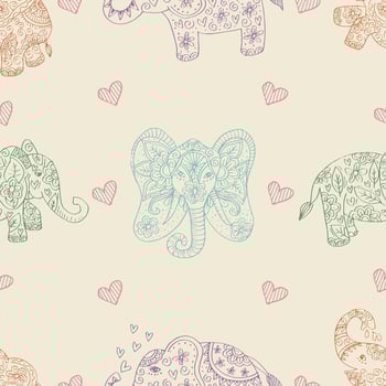 Seamless pattern with elephants and hearts. Doo dle style vector