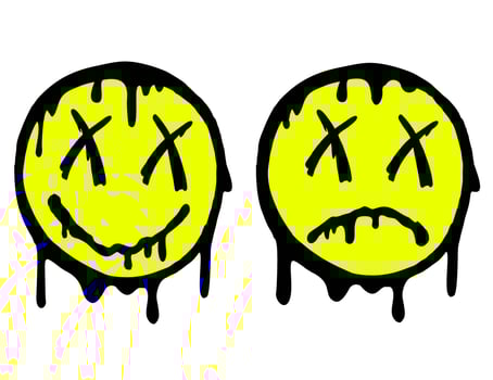 A melting smile. Funny melt smile face. Melted smile face and a sad face in trippy acid rave style vector