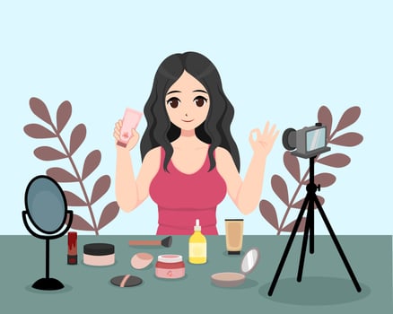 Beauty Vlogger Reviewing Makeup Products vector