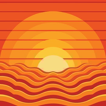 sunset illustration with waves and sun vector
