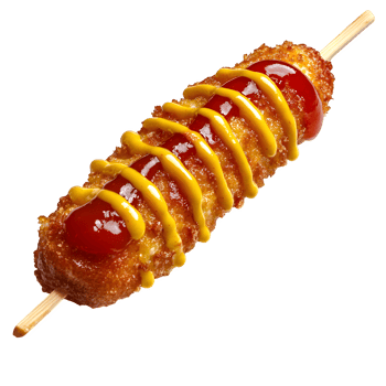 A hot dog on a stick with mustard and ketchup png