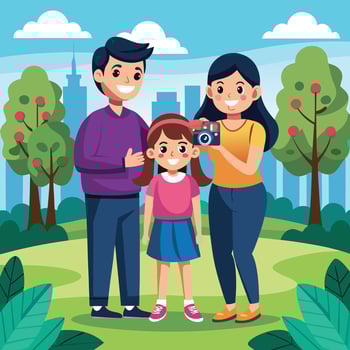 happy family with daughter taking photo in park illustration vector
