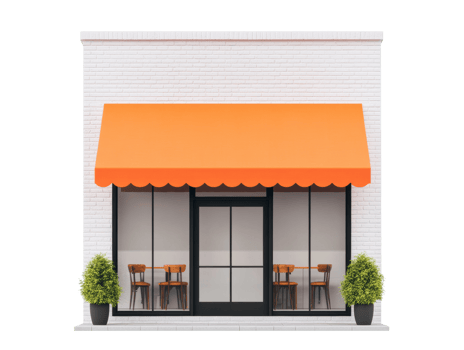 Orange awning cafe exterior with seating area for casual dining png