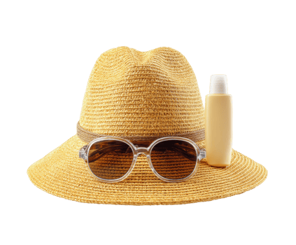 Essentials for summer relaxation by the beach with hat and sunglasses png