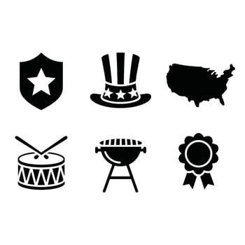 Patriotic Icons Set A collection of six monochrome icons celebrating Independence Day, featuring symbols of freedom, nationhood, and festivities. vector