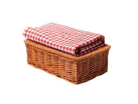 Woven basket with checked cloth for picnic or home decor png