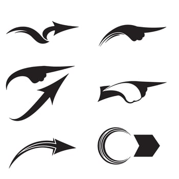 Navigation themed silhouette icons with curved arrows and hand direction line art vector