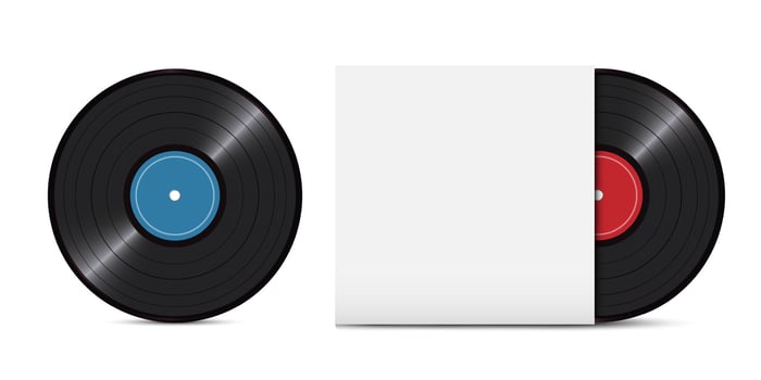 Two realistic vinyl records in paper case,black polyvinyl chloride vector