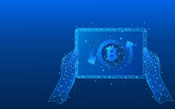 Hands holding tablet close-up with digital currency with circular arrows of bitcoin refund vector