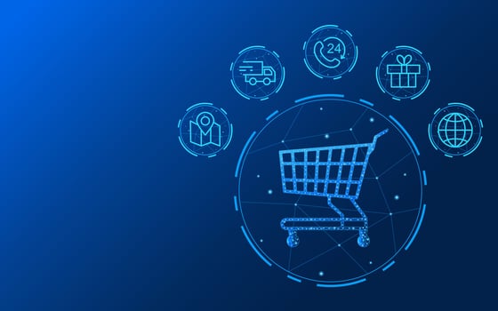 Online shopping technology with cart with icon on blue technology background vector