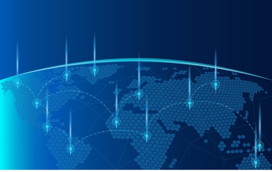 World map in hexagon shape on blue technological background global networks and communications vector