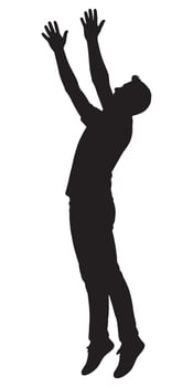 Silhouette of man jumping with hands up reaching for something in the air action pose isolated vector