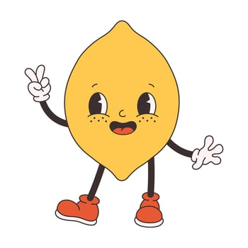 Cute groovy lemon. Trendy funky retro cartoon fruit character. Groovy summer collection vector