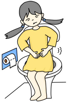 A hand-drawn cartoon of a woman sitting on a toilet with stomach pain due to diarrhea png