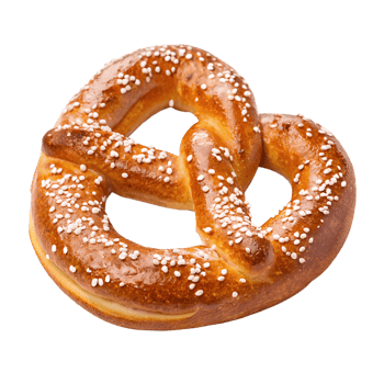 A traditional golden-brown pretzel with a glossy surface and coarse salt, isolated on a transparent background png