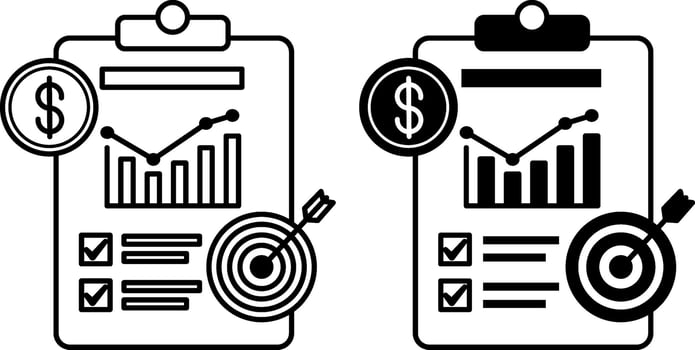 Project Icons. Black and White Illustration. Document with Profit Chart and Financial Goal. Concept Work and Business vector