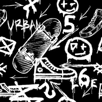 Seamless pattern with charcoal graffiti, doodles, punk and skateboards . Pencil drawn icons. vector