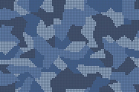 Halftone digital navy camouflage. Dot pattern in dark blue tones, camo grid background. Seamless texture vector