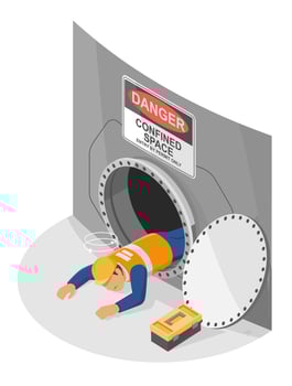 Industrial safety failure scenario showing unconscious worker collapsing at confined space entrance due to lack of proper ventilation and permit control isometric cartoon vector