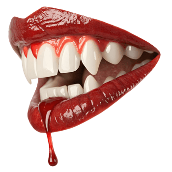 Red lips and sharp teeth with dripping blood create a striking visual effect png