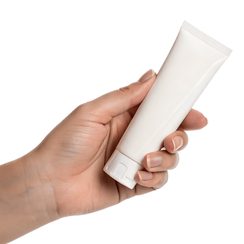 Human hand holding white cosmetic cream tube, minimalist beauty product shot png