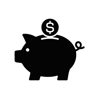 A black silhouette of a piggy bank is shown with a coin featuring a dollar symbol being inserted into it cutouts png