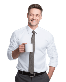a man in a shirt and tie holding a coffee cup png