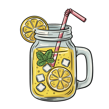 A mason jar filled with lemonade is garnished with lemon slices, mint leaves, and ice cubes, with a striped straw for sipping. cutouts png