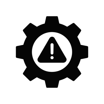A black gear symbol contains a warning sign with an exclamation mark in its center, suggesting a caution or alert related to mechanical processes. cutouts png