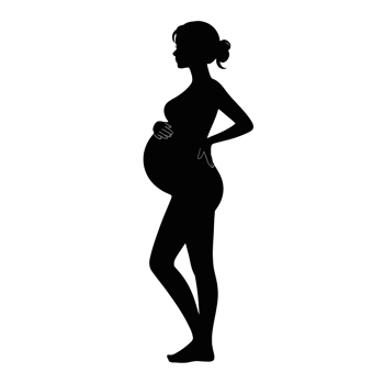 A silhouette of a pregnant woman is depicted standing in profile with one hand on her belly and the other on her back. cutouts png