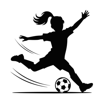 A silhouette of a girl captures the dynamic motion of kicking a soccer ball, with her ponytail flying and arms outstretched cutouts png