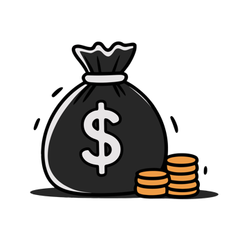 A cartoon-style image depicts a large money bag with a prominent dollar sign and a stack of coins beside it. cutouts png