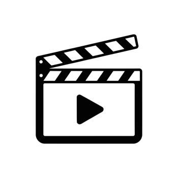 A black clapperboard icon featuring a play button in the center represents or film production cutouts png