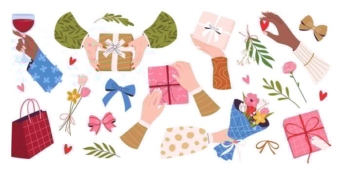 Gifts set with female hands holding various gift boxes, heart, bouquet and glass of wine. Isolated illustrations for Happy Birthday, Valentine's Day and Mother's Day celebration designs. vector
