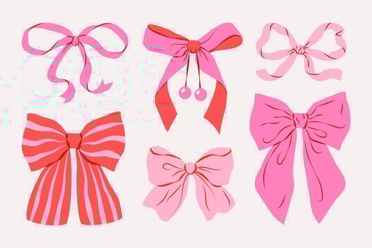 Set of various pink bows. Trendy hair braiding accessory. vector