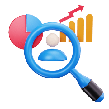 Blue magnifying glass over a person icon pie chart and bar graph png