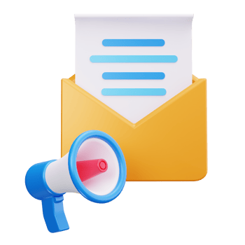 It shows an email icon next to a megaphone png