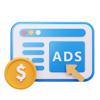 Blue browser window with ads and a golden coin with a dollar sign png