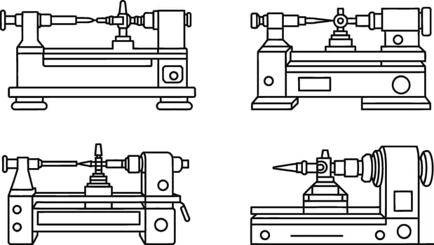 Illustrated black and white lathe machine drawings showing engineering and manufacturing equipment vector