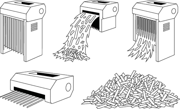 illustration showing different stages and views of a paper shredder machine with output and fragments. vector