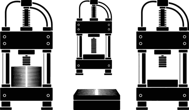 Illustrated image of a mechanical press machine in different stages and views vector