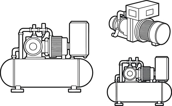 Illustrated line art of an air compressor with multiple perspective views for design and engineering vector