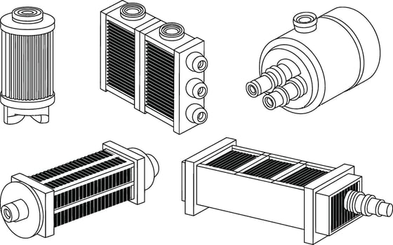 Isometric view illustrations of various industrial heat exchanger and filtration components vector