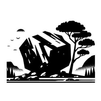 Minimalist Black and White Landscape Illustration with Rock, Tree, Birds, Sun vector